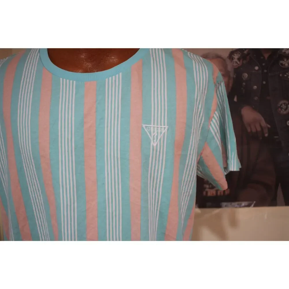 guess striped tee pastel teal pink triangle logo y2k summer vibe size large - Picture 2 of 7